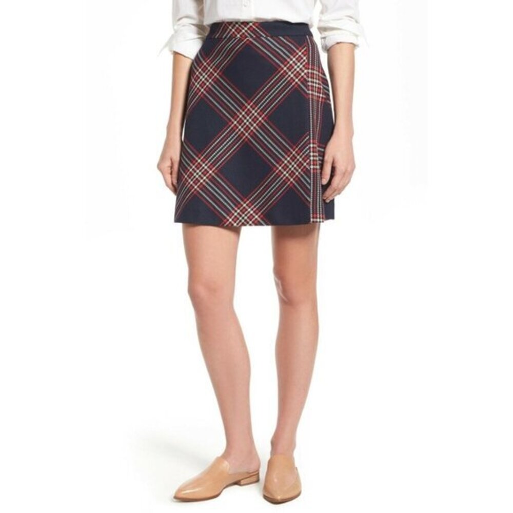 Halogen Mini Skirt Plaid Tweed A Line Navy Blue Red Faux Wrap Mini Skirt 10P